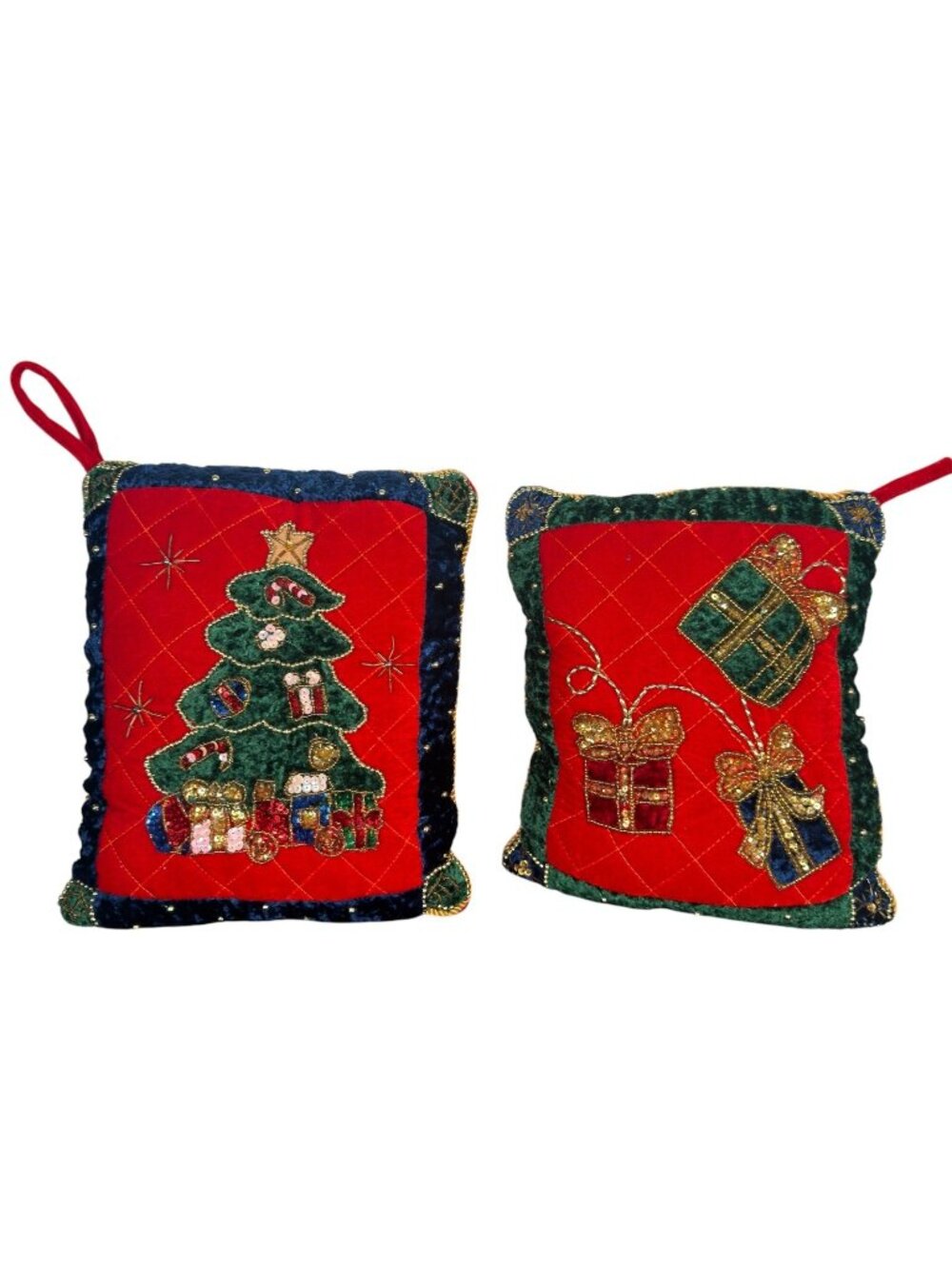 Vintage 3 crush Velvet Sequin Blue Red Green Christmas Tree Presents Pillows